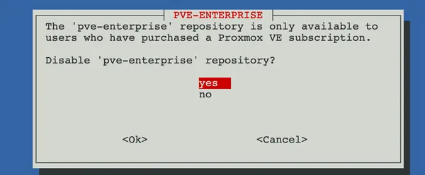 Proxmox post-install script showing enterprise repository disable option