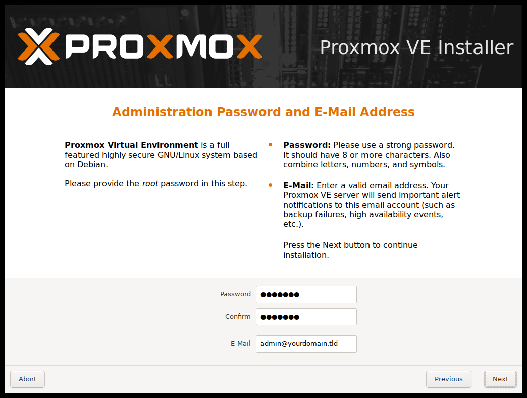 Proxmox Install Page Showing Password and Admin E-mail Configuration