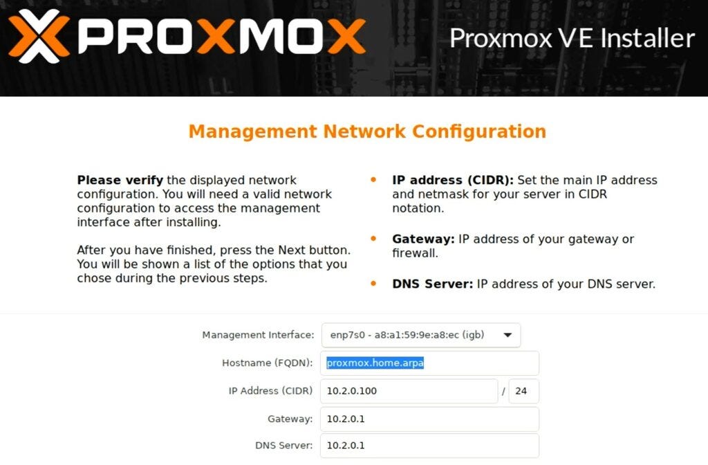 Proxmox Install Page Showing Network Configuration